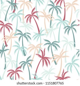 Coconut palm tree pattern textile seamless tropical forest background. Exotic vector fabric repeating pattern. Minimalist tropical plants, coconut trees, beach palms textile background design.