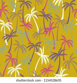Coconut palm tree pattern textile seamless tropical forest background. Cartoon vector swatch repeating pattern. Cute tropical plants, coconut trees, beach palms textile background design.