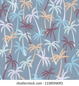 Coconut palm tree pattern textile seamless tropical forest background. Bohemian vector fabric repeating pattern. Awesome tropical plants, coconut trees, beach palms textile background design.