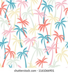 Coconut palm tree pattern textile seamless tropical forest background. Cool vector wallpaper repeating pattern. Cute tropical plants, coconut trees, beach palms textile background design.