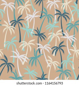 Coconut palm tree pattern textile seamless tropical forest background. Cool vector swatch repeating pattern. Minimalist tropical plants, coconut trees, beach palms textile background design.
