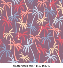 Coconut palm tree pattern textile seamless tropical forest background. Fashionable vector fabric repeating pattern. Minimalist tropical plants, coconut trees, beach palms textile background design.