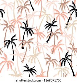 Coconut palm tree pattern textile seamless tropical forest background. Floral vector fabric repeating pattern. Awesome tropical plants, coconut trees, beach palms textile background design.