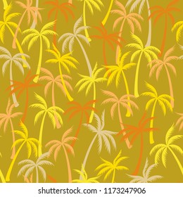 Coconut palm tree pattern textile seamless tropical forest background. Flat vector fabric repeating pattern. Minimal tropical plants, coconut trees, beach palms textile background design.
