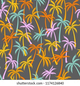 Coconut palm tree pattern textile seamless tropical forest background. Trendy vector swatch repeating pattern. Simple tropical plants, coconut trees, beach palms textile background design.