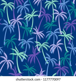 Coconut palm tree pattern textile seamless tropical forest background. Subtropical vector fabric repeating pattern. Awesome tropical plants, coconut trees, beach palms textile background design.