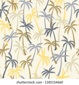 Coconut palm tree pattern textile seamless tropical forest background. Cool vector swatch repeating pattern. Simple tropical plants, coconut trees, beach palms textile background design.