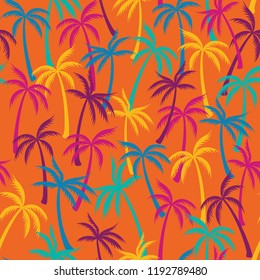 Coconut palm tree pattern textile seamless tropical forest background. Paradise vector fabric repeating pattern. Minimal tropical plants, coconut trees, beach palms textile background design.
