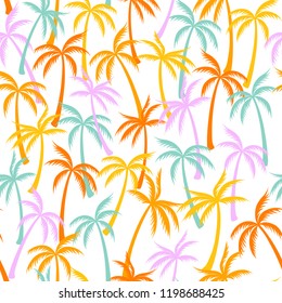 Coconut palm tree pattern textile seamless tropical forest background. Bohemian vector fabric repeating pattern. Cute tropical plants, coconut trees, beach palms textile background design.