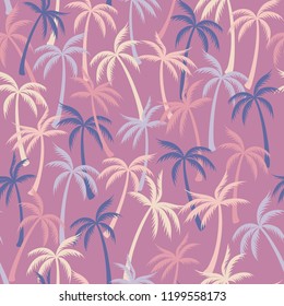 Coconut palm tree pattern textile seamless tropical forest background. Cartoon vector wallpaper repeating pattern. Cute tropical plants, coconut trees, beach palms textile background design.