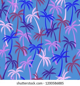 Coconut palm tree pattern textile seamless tropical forest background. Greenery vector fabric repeating pattern. Cute tropical plants, coconut trees, beach palms textile background design.