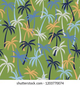 Coconut palm tree pattern textile seamless tropical forest background. Beautiful vector swatch repeating pattern. Marvelous tropical plants, coconut trees, beach palms textile background design.