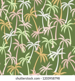 Coconut palm tree pattern textile seamless tropical forest background. Rainforest vector fabric repeating pattern. Marvelous tropical plants, coconut trees, beach palms textile background design.