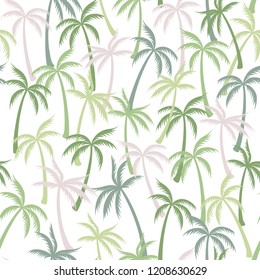 Coconut palm tree pattern textile seamless tropical forest background. Growing vector wallpaper repeating pattern. Marvelous tropical plants, coconut trees, beach palms textile background design.