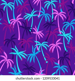 Coconut palm tree pattern textile seamless tropical forest background. Beautiful vector fabric repeating pattern. Minimal tropical plants, coconut trees, beach palms textile background design.