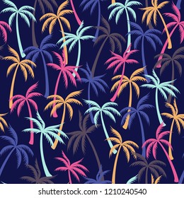 Coconut palm tree pattern textile seamless tropical forest background. Natural vector wallpaper repeating pattern. Cute tropical plants, coconut trees, beach palms textile background design.