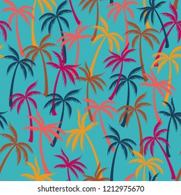 Coconut palm tree pattern textile seamless tropical forest background. Fashionable vector swatch repeating pattern. Minimal tropical plants, coconut trees, beach palms textile background design.