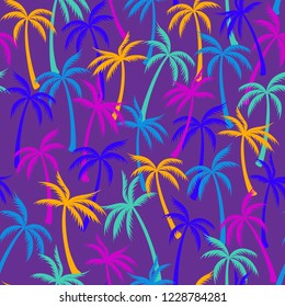 Coconut palm tree pattern textile seamless tropical forest background. Cool vector wallpaper repeating pattern. Marvelous tropical plants, coconut trees, beach palms textile background design.