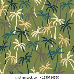 Coconut palm tree pattern textile seamless tropical forest background. Floral vector swatch repeating pattern. Awesome tropical plants, coconut trees, beach palms textile background design.