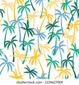 Coconut palm tree pattern textile seamless tropical forest background. Bohemian vector wallpaper repeating pattern. Simple tropical plants, coconut trees, beach palms textile background design.