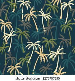 Coconut palm tree pattern textile seamless tropical forest background. Subtropical vector swatch repeating pattern. Minimal tropical plants, coconut trees, beach palms textile background design.