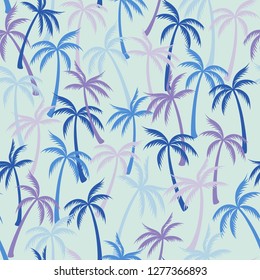 Coconut palm tree pattern textile seamless tropical forest background. Fashionable vector swatch repeating pattern. Minimalist tropical plants, coconut trees, beach palms textile background design.