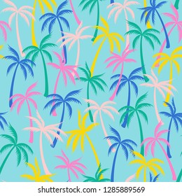 Coconut palm tree pattern textile seamless tropical forest background. Holiday vector swatch repeating pattern. Cute tropical plants, coconut trees, beach palms textile background design.