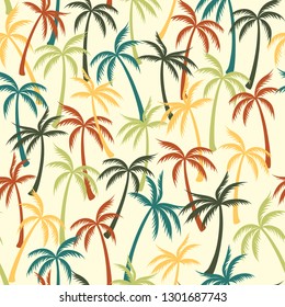 Coconut palm tree pattern textile seamless tropical forest background. Greenery vector swatch repeating pattern. Marvelous tropical plants, coconut trees, beach palms textile background design.