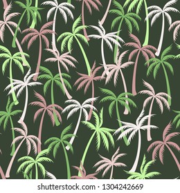 Coconut palm tree pattern textile seamless tropical forest background. Subtropical vector swatch repeating pattern. Minimal tropical plants, coconut trees, beach palms textile background design.