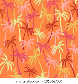 Coconut palm tree pattern textile seamless tropical forest background. Rainforest vector swatch repeating pattern. Simple tropical plants, coconut trees, beach palms textile background design.
