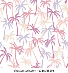 Coconut palm tree pattern textile seamless tropical forest background. Greenery vector wallpaper repeating pattern. Awesome tropical plants, coconut trees, beach palms textile background design.
