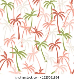 Coconut palm tree pattern textile seamless tropical forest background. Growing vector wallpaper repeating pattern. Minimalist tropical plants, coconut trees, beach palms textile background design.