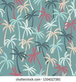 Coconut palm tree pattern textile seamless tropical forest background. Natural vector swatch repeating pattern. Marvelous tropical plants, coconut trees, beach palms textile background design.