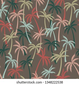 Coconut palm tree pattern textile seamless tropical forest background. Paradise vector swatch repeating pattern. Minimal tropical plants, coconut trees, beach palms textile background design.