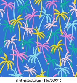 Coconut palm tree pattern textile seamless tropical forest background. Flat vector swatch repeating pattern. Simple tropical plants, coconut trees, beach palms textile background design.