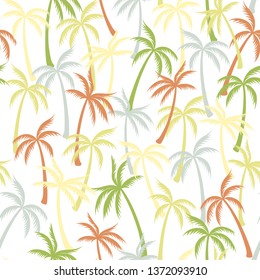 Coconut palm tree pattern textile seamless tropical forest background. Cartoon vector wallpaper repeating pattern. Cute tropical plants, coconut trees, beach palms textile background design.