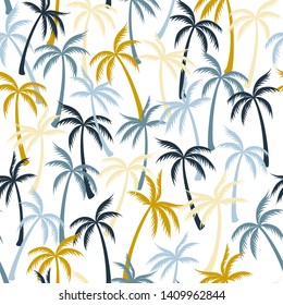 Coconut palm tree pattern textile seamless tropical forest background. Flat vector fabric repeating pattern. Minimalist tropical plants, coconut trees, beach palms textile background design.