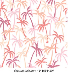 Coconut palm tree pattern textile seamless tropical forest background. Exotic vector swatch repeating pattern. Minimal tropical plants, coconut trees, beach palms textile background design.