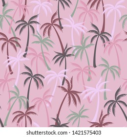 Coconut palm tree pattern textile seamless tropical forest background. Natural vector swatch repeating pattern. Minimalist tropical plants, coconut trees, beach palms textile background design.