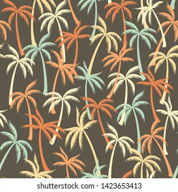 Coconut palm tree pattern textile seamless tropical forest background. Holiday vector wallpaper repeating pattern. Cute tropical plants, coconut trees, beach palms textile background design.