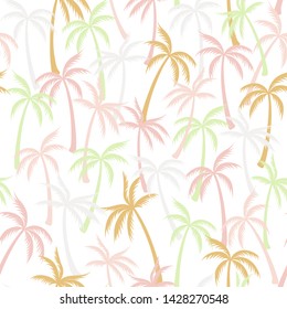 Coconut palm tree pattern textile seamless tropical forest background. Beautiful vector swatch repeating pattern. Simple tropical plants, coconut trees, beach palms textile background design.