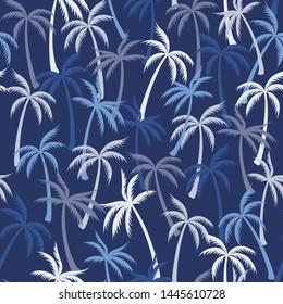 Coconut palm tree pattern textile seamless tropical forest background. Trendy vector fabric repeating pattern. Marvelous tropical plants, coconut trees, beach palms textile background design.