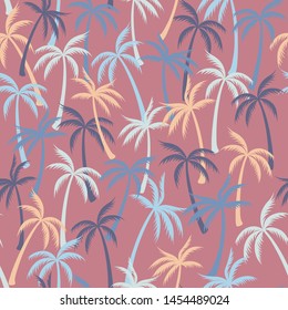 Coconut palm tree pattern textile seamless tropical forest background. Paradise vector fabric repeating pattern. Simple tropical plants, coconut trees, beach palms textile background design.