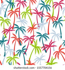 Coconut palm tree pattern textile seamless tropical forest background. Floral vector wallpaper repeating pattern. Minimalist tropical plants, coconut trees, beach palms textile background design.