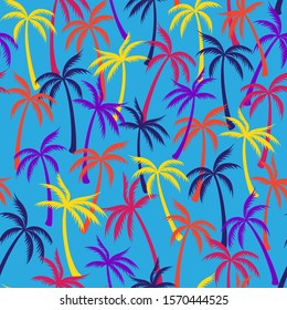 Coconut palm tree pattern textile seamless tropical forest background. Bohemian vector swatch repeating pattern. Marvelous tropical plants, coconut trees, beach palms textile background design.