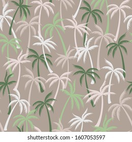 Coconut palm tree pattern textile seamless tropical forest background. Cool vector swatch repeating pattern. Cute tropical plants, coconut trees, beach palms textile background design.