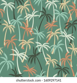 Coconut palm tree pattern textile seamless tropical forest background. Beautiful vector swatch repeating pattern. Cute tropical plants, coconut trees, beach palms textile background design.