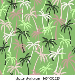 Coconut palm tree pattern textile seamless tropical forest background. Thailand vector fabric repeating pattern. Awesome tropical plants, coconut trees, beach palms textile background design.