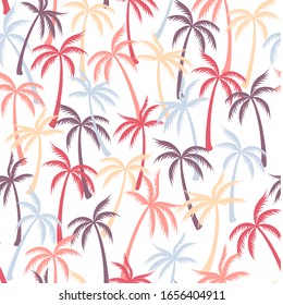 Fondo de bosque tropical sin costuras, de color textil, con el patrón de palmera de coco. Patrón extensible de tejido vectorial natural. Sencillas plantas tropicales, cocoteros, palmeras en la playa y decoración textil.