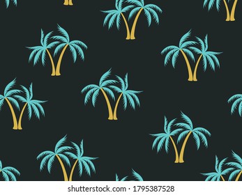 Coconut palm tree pattern textile material tropical forest background. Beautiful vector wallpaper repeating pattern. Minimalist tropical plants, coconut trees, beach palms textile background design.